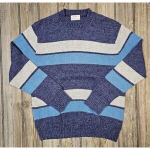 Vintage Crewneck Striped Sweater Blue 60s 70s Acrylic Large